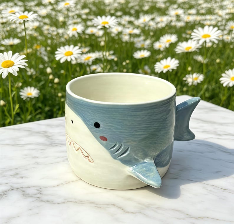 Puede incluir: Una taza de cer&aacute;mica con un dise&ntilde;o de tibur&oacute;n. La taza es principalmente blanca con un dise&ntilde;o de tibur&oacute;n azul claro en el exterior. El tibur&oacute;n tiene ojos negros, una mejilla roja y una sonrisa. El asa tiene forma de aleta de tibur&oacute;n.