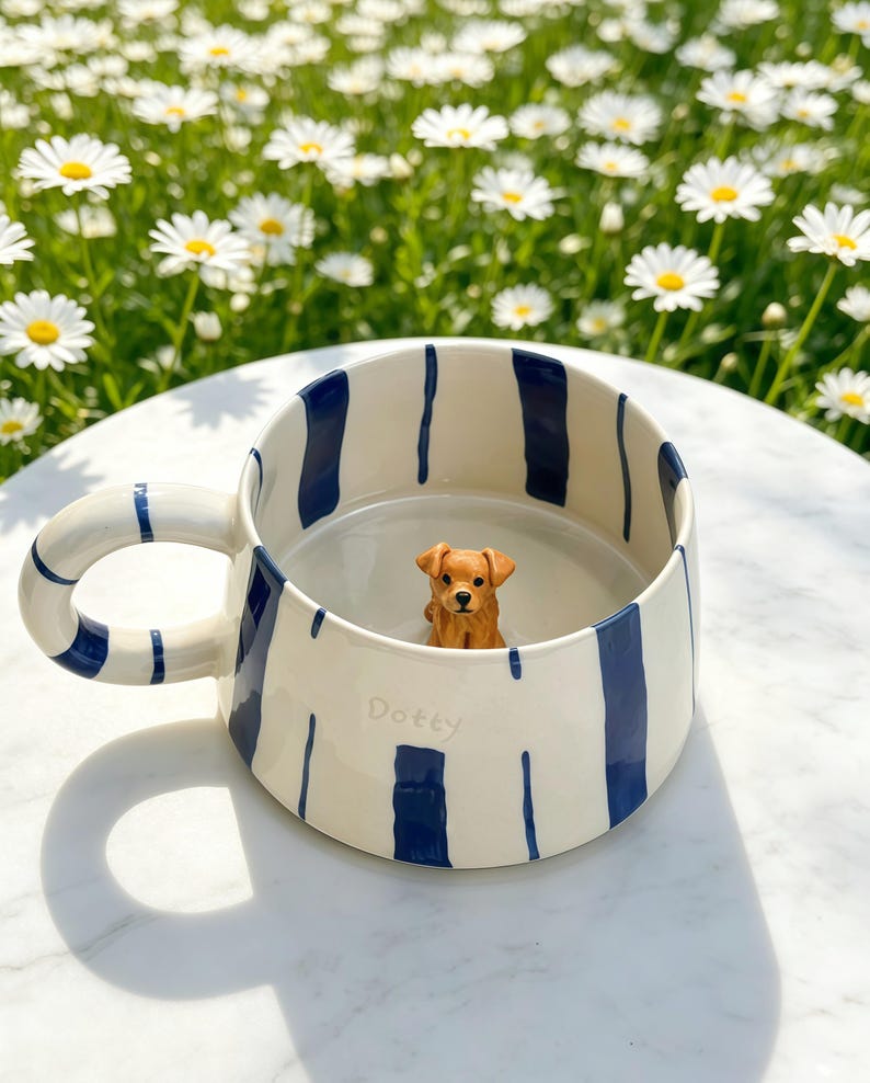 Puede incluir: Una taza de cer&aacute;mica con base blanca y rayas verticales azul marino. La taza presenta una peque&ntilde;a figura tridimensional de un perro marr&oacute;n unida al fondo interior y la palabra Dotty grabada en el lado exterior.