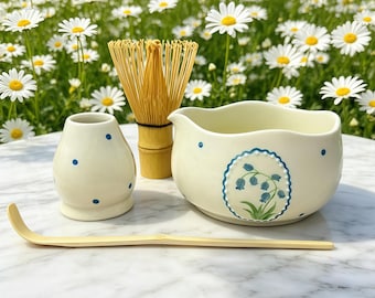 Handmade Matcha Bowl, 500ml Matcha Making Tool, Matcha Bowl Set, Personalized Matcha Bowl, Blue Flower Matcha Bowl