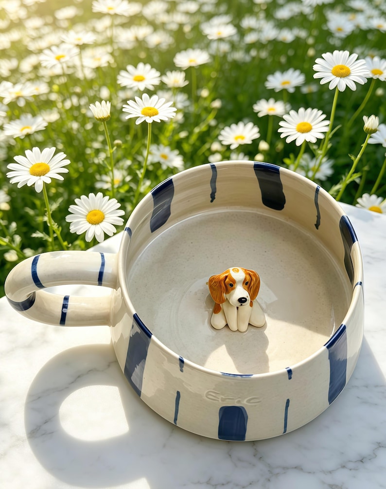 Puede incluir: Una taza de cer&aacute;mica con base color crema y rayas verticales azul oscuro. La taza cuenta con un asa a rayas azules y una peque&ntilde;a figura tridimensional de un perro marr&oacute;n y blanco en el fondo interior. El nombre Eric est&aacute; grabado en el exterior.