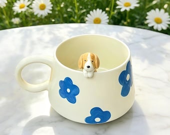 Tazza per animali domestici con fiori blu, statua personalizzata di cane e gatto, regalo di Natale, tazza personalizzata