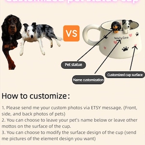 Puede incluir: Una taza de cer&aacute;mica blanca con dos peque&ntilde;as figuras de perro esculpidas en el borde, decorada con huellas negras y corazones rosas. El texto Wally Giro est&aacute; impreso en el lateral. La imagen incluye instrucciones para la personalizaci&oacute;n v&iacute;a Etsy.