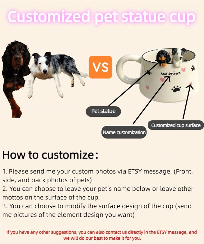 Puede incluir: Una taza de cer&aacute;mica blanca con dos peque&ntilde;as figuras de perro esculpidas en el borde, decorada con huellas negras y corazones rosas. El texto Wally Giro est&aacute; impreso en el lateral. La imagen incluye instrucciones para la personalizaci&oacute;n v&iacute;a Etsy.