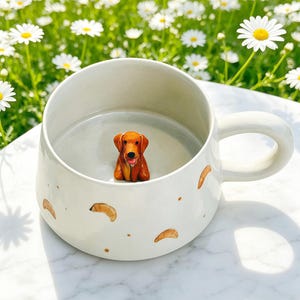 May include: A white ceramic mug featuring a small, three-dimensional golden retriever figurine attached to the interior base. The exterior of the mug is decorated with a repeating pattern of small, brown croissant illustrations and scattered tan dots.