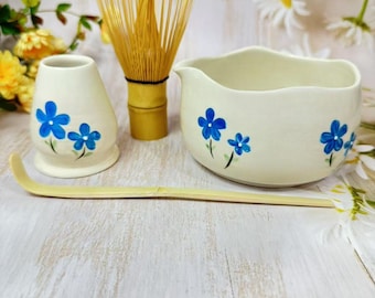 Blue Flower Matcha Bowl, Personalized Matcha Bowl Set, Handmade Matcha Bowl, 17Oz Matcha Bowl, Matcha and Egg Bowl