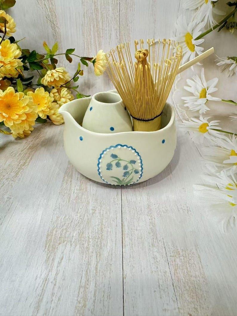 Handmade Matcha Bowl, 500ml Matcha Making Tool, Matcha Bowl Set, Personalized Matcha Bowl, Blue Flower Matcha Bowl