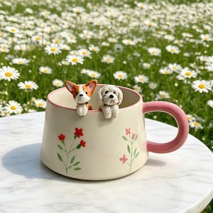 Puede incluir: Taza de cerámica color crema con asa y borde rosas, decorada con diseños florales rojos. Dos figuras de perros asoman por el borde. El fondo muestra un campo de flores blancas. Un artículo encantador.