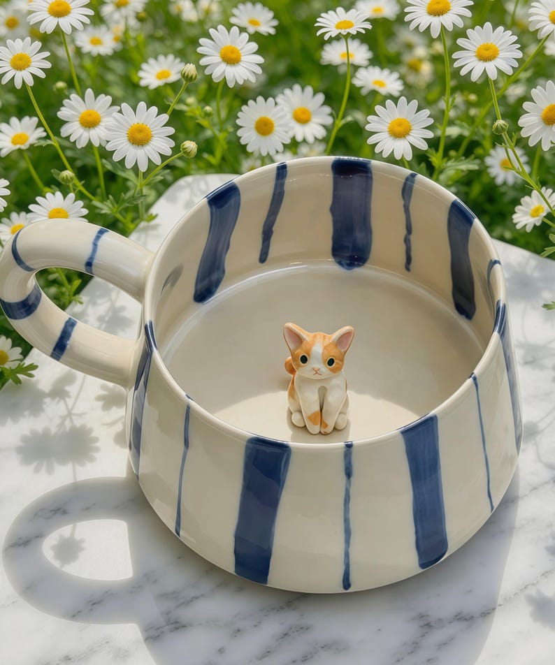 Puede incluir: Una taza de cer&aacute;mica con base color crema y rayas verticales azul marino. La taza cuenta con un asa ancha y una peque&ntilde;a figura tridimensional de un gato naranja y blanco fijada en el centro de la base interior del recipiente.