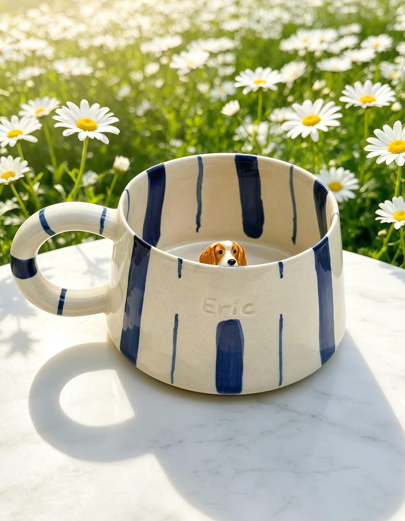 Puede incluir: Una taza de cer&aacute;mica color crema con rayas verticales azul marino y un asa curva. El nombre Eric est&aacute; grabado en la parte frontal. Una peque&ntilde;a figura tridimensional de un perro marr&oacute;n y blanco est&aacute; fijada en la base interior de la taza.