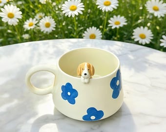 Mug personnalisé avec motif floral bleu pour animaux de compagnie, statuette chat et chien personnalisée, cadeau de Noël, mug personnalisé