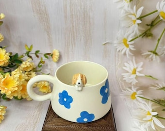 Blue flower pet mug, Customized cat and dog statue, Christmas gift, Personalized mug