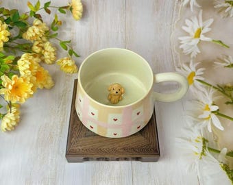Pink striped heart-shaped mug, 3D customized cat and dog statue, Personalized ceramic cup, Meaningful holiday gift