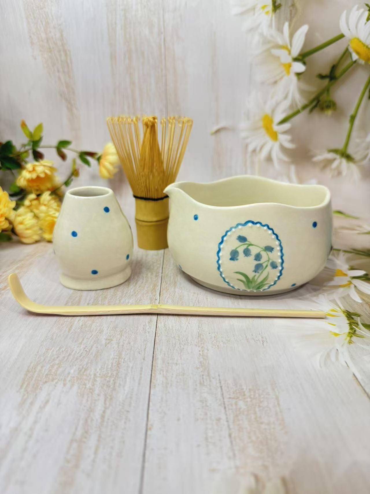 Handmade Matcha Bowl, 500ml Matcha Making Tool, Matcha Bowl Set, Personalized Matcha Bowl, Blue Flower Matcha Bowl