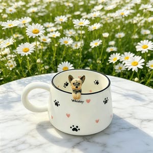 以下が含まれることがあります： 縁にヨークシャーテリアの置物がある白いセラミックマグ。マグカップには黒い足跡とピンクのハートが描かれており、側面に「Whiskey」という名前が印刷されています。背景は白いデイジーの野原です。