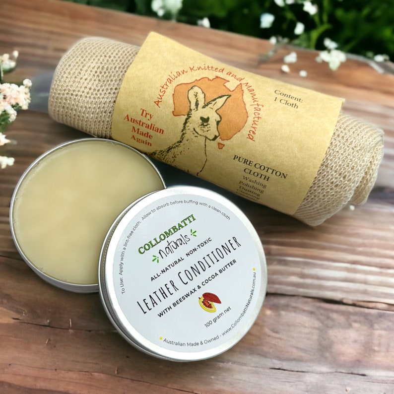 Collombatti Naturals Beeswax Leather Balm with all-natural ingredients with Australian made cotton polishing cloth