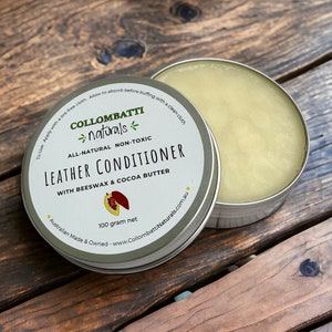 Collombatti Naturals Beeswax Leather Balm with all-natural ingredients shown with the lid off