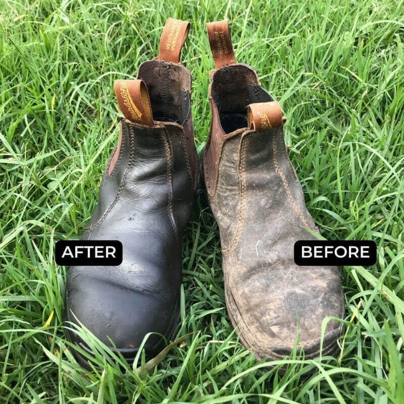 Collombatti Naturals Beeswax Leather Balm with all-natural ingredients shown on old work boots