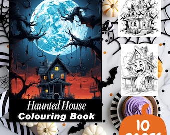Könnte beinhalten: Ein Malbuch zum Thema Halloween mit dem Titel "Haunted House Colouring Book" mit einer Illustration eines Spukhauses unter einem Vollmond. Enthält zusätzliche Malvorlagen und den Text "Instant Download" und "10 Pages".