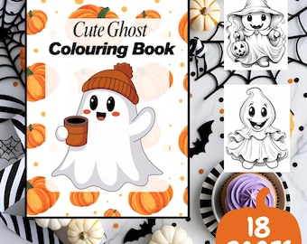 Könnte beinhalten: Ein Malbuch zum Thema Halloween mit dem Titel "Cute Ghost Colouring Book" mit einem Cartoon-Geist, der einen Becher hält. Das Cover zeigt Kürbisse und die Worte "Instant Download". Zusätzliche Seiten zeigen Geisterillustrationen. Das Buch hat 18 Seiten.