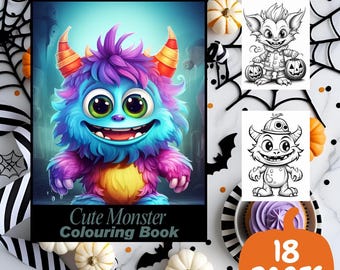 May include: A "Cute Monster Colouring Book" cover features a colorful cartoon monster with blue, purple, and yellow fur. Two black and white monster coloring pages are included. The image is decorated with pumpkins, bats, and the text "Instant Download" and "18 Pages".