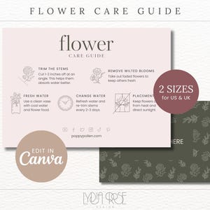 Plantilla de tarjeta de cuidado de flores editable / Cuidado de flores / Guía de flores frescas / Tarjetas de cuidado de floristería imprimibles / Instrucciones editables para floristas