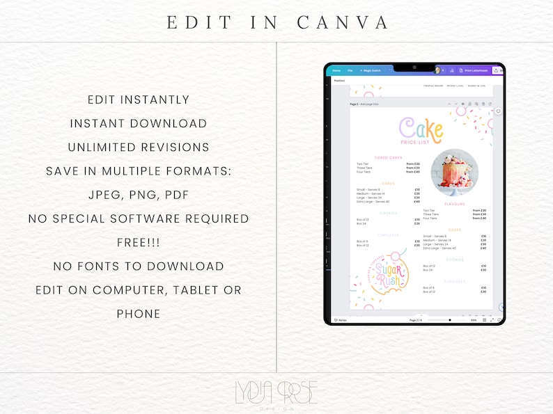 May include: A digital mockup of a cake price list template on a tablet screen. The template features a colorful design with sprinkles, a cake, and the text "Cake Price List" and "Sugar Rush".