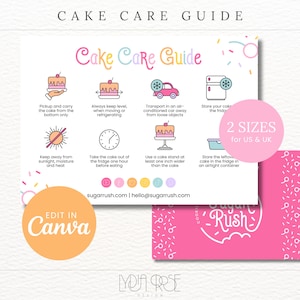 Cartão Rainbow Cake Care - A6 / 5,5x4,25" Cake Care for Bakery - Editável no Canva Bakery Brand - Bakery Stationery - Bakery Cake Care Guide