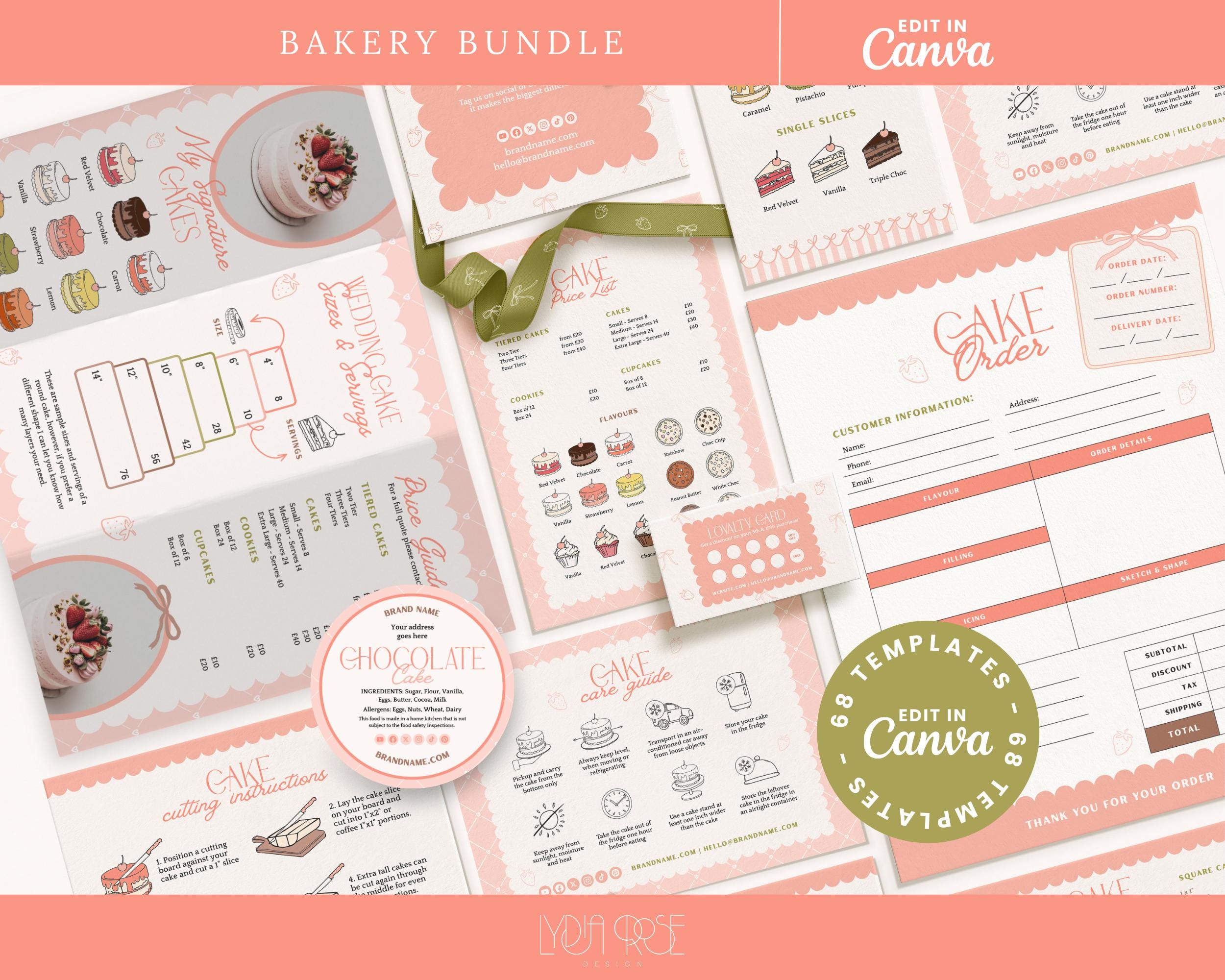 Bäckerei Business Bündel | Digitale Bestellscheine | Bearbeitbare Kuchenpflegekarten | Canva Vorlagen Sofort-Download für Small Business Besitzer
