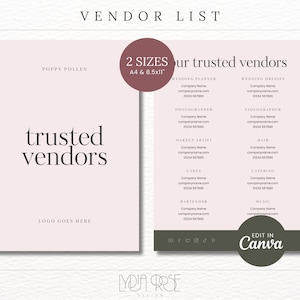 May include: A pink and white printable vendor list template with the text "Our trusted vendors" and a list of vendor categories, including wedding planner, photographer, videographer, makeup artist, hair, cakes, catering, bartender, and music. The template is available in two sizes: A4 and 8.5x11 inches. The template is editable in Canva.