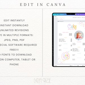 May include: A digital mockup of a cake price list template in Canva. The template features a colorful design with sprinkles, a cake, and the text "Cake Price List" and "Sugar Rush".