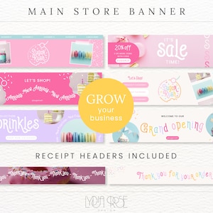 May include: A collection of colorful banners for a bakery or dessert shop. The banners feature a variety of designs, including sprinkles, cupcakes, and the text "Sugar Rush". The banners also include text that says "Let's Shop!" and "Welcome to our Grand Opening".