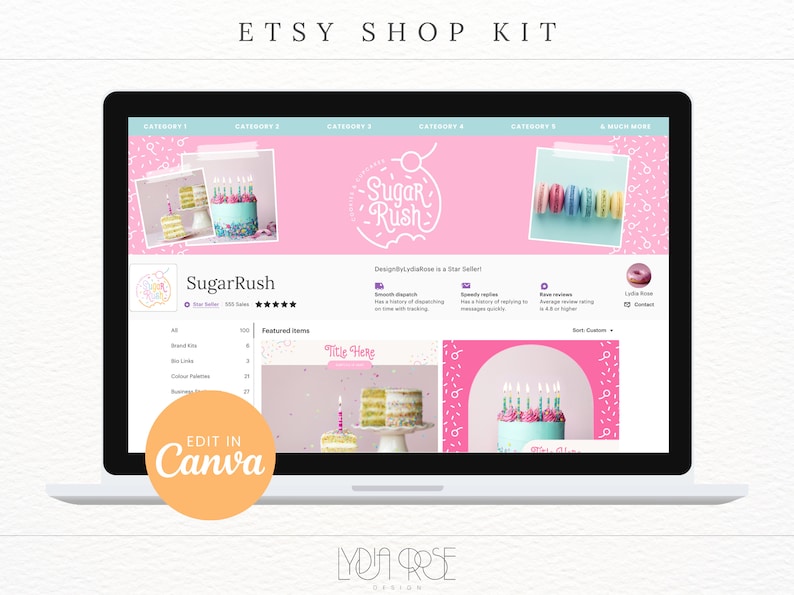 May include: A pink and white Etsy shop banner with the text "Sugar Rush" in a white circle with a pink outline. The banner is decorated with confetti and a pink background. The banner is displayed on a laptop screen with the text "Edit in Canva" on a yellow circle.