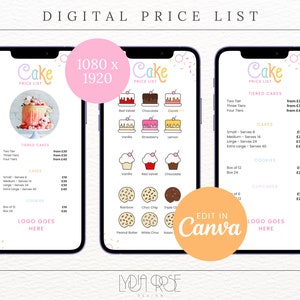 Lista de preços de bolo arco-íris - Lista de preços para padaria - Editável no Canva Marca Bakery - Papelaria para bolo - Digital 1080 x 1920 - Instagram Canva