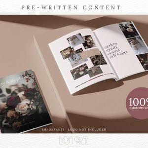 May include: A mockup of a wedding invitation with a floral design and the text "daisy & stephen" in a script font. The invitation is on a light brown surface with a shadow. The text "PRE-WRITTEN CONTENT" is at the top of the image. The text "modern moody neutral rich winter" is on the right side of the image. The text "100% customisable" is in a pink circle on the bottom right of the image.