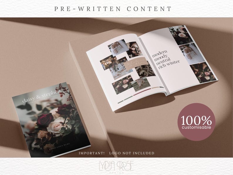 May include: A mockup of a wedding invitation with a floral design and the text "daisy & stephen" in a script font. The invitation is on a light brown surface with a shadow. The text "PRE-WRITTEN CONTENT" is at the top of the image. The text "modern moody neutral rich winter" is on the right side of the image. The text "100% customisable" is in a pink circle on the bottom right of the image.
