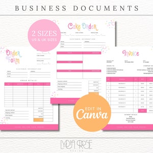 May include: Three printable business documents for a cake shop, including an order form, cake order form, and invoice. The documents are pink with colorful confetti and text. The text on the documents reads "Order Form", "Cake Order", and "Invoice".