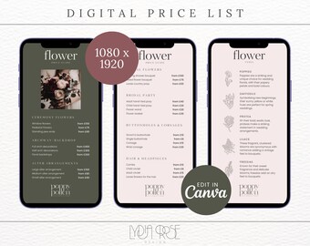 Dark Luxury Price List - Price List for Florist - Editable in Canva Wedding Brand - Wedding Florist Price List - Digital 1080 x 1920 - Canva