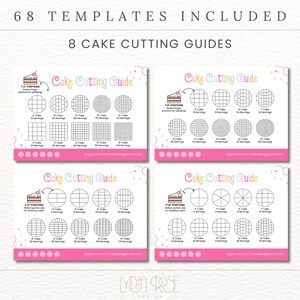 May include: A set of eight printable cake cutting guides with different grid patterns for various cake sizes and servings. Each guide includes a small illustration of a cake with a suggested cutting method. The guides are designed for both round and square cakes.