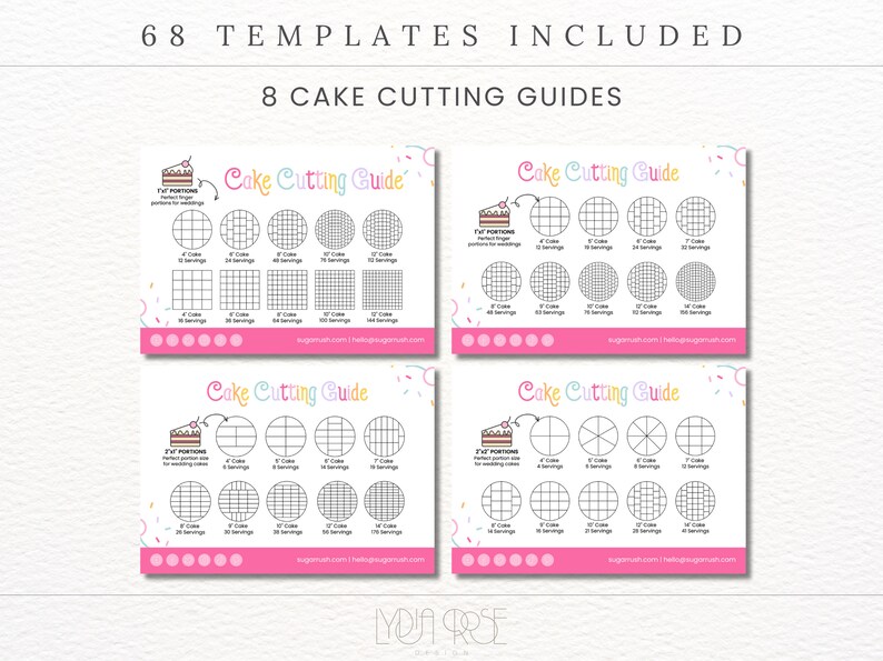 May include: A set of eight printable cake cutting guides with different grid patterns for various cake sizes and servings. Each guide includes a small illustration of a cake with a suggested cutting method. The guides are designed for both round and square cakes.