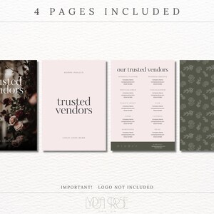 May include: Four pages of a wedding vendor guide with a floral pattern on the last page. The guide includes a title page with the text "trusted vendors" and a page with the text "our trusted vendors" with a list of wedding vendors.