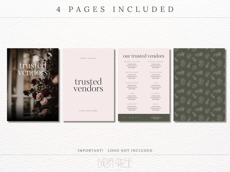 May include: Four pages of a wedding vendor guide with a floral pattern on the last page. The guide includes a title page with the text "trusted vendors" and a page with the text "our trusted vendors" with a list of wedding vendors.