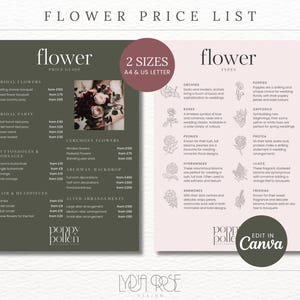 カスタマイズ可能な花の価格表シート テンプレート | 花束の価格表 | 花屋向けの編集可能なテンプレート | Canva テンプレート | 花のアイコン