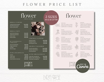 Customisable Floral Pricing List Sheet Template | Flower Bouquet Price List | Editable Template For Florists | Canva Template | Flower Icon