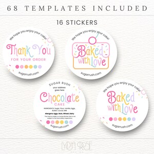 May include: Four round stickers with colorful text and designs. The stickers say "Thank You for Your Order", "Baked with Love", "Chocolate Cake" and "Baked with Love". All stickers have the website "sugarrush.com" printed on them.