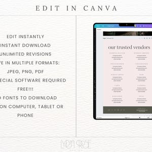 May include: A pink and white wedding vendor list template with the text "our trusted vendors" at the top. The template is editable in Canva and includes sections for wedding planner, wedding photographer, makeup artist, florist, cake baker, and caterer.