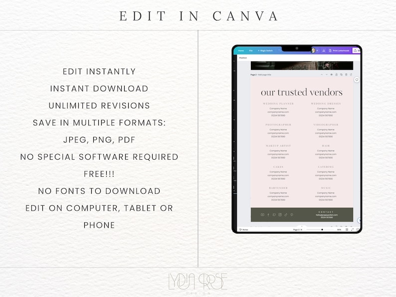 May include: A pink and white wedding vendor list template with the text "our trusted vendors" at the top. The template is editable in Canva and includes sections for wedding planner, wedding photographer, makeup artist, florist, cake baker, and caterer.