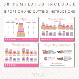 May include: A set of printable cake cutting guides and instructions. The guides are colorful and feature illustrations of cakes with different numbers of servings. The instructions include a step-by-step guide on how to cut a cake into even portions.