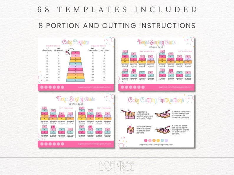 May include: A set of printable cake cutting guides and instructions. The guides are colorful and feature illustrations of cakes with different numbers of servings. The instructions include a step-by-step guide on how to cut a cake into even portions.