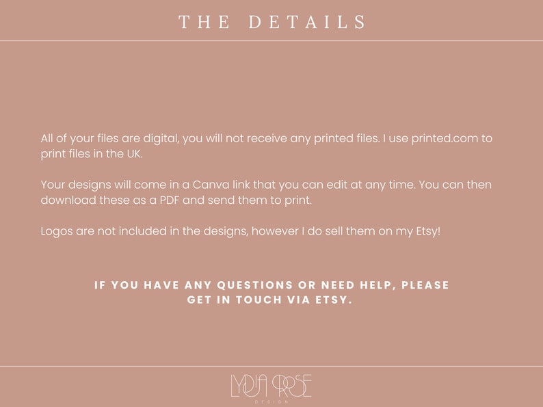 May include: A text-based image with a light brown background. The text reads "THE DETAILS" in a white sans-serif font. The text continues with information about digital files, Canva links, and Etsy. The text at the bottom reads "YOA PRSE DESIGNS".