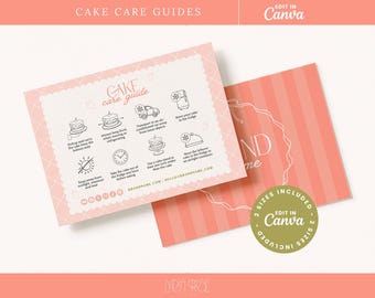 Plantilla editable para tarjeta de cuidado de pasteles: Instrucciones de la panadería Pink Bow (Descarga digital de plantilla de Canva)